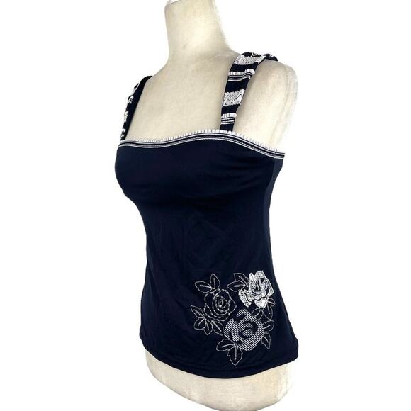 Becca Women's Size Small Floral Embroidered Crochet Strap Navy Tankini Swim Top - Picture 10 of 13